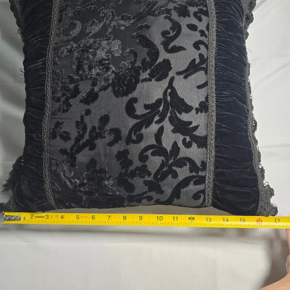 Black Velvet Damask Floral Throw Pillow Tassel Fringe Gothic Square Accent 16in
